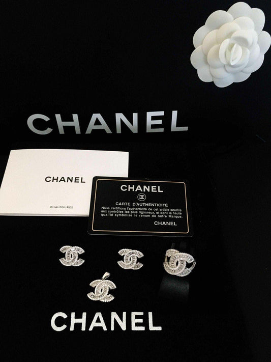 Chanel Vintage Set 925 Sterling Silver earrings and badges with authenticity card and packaging