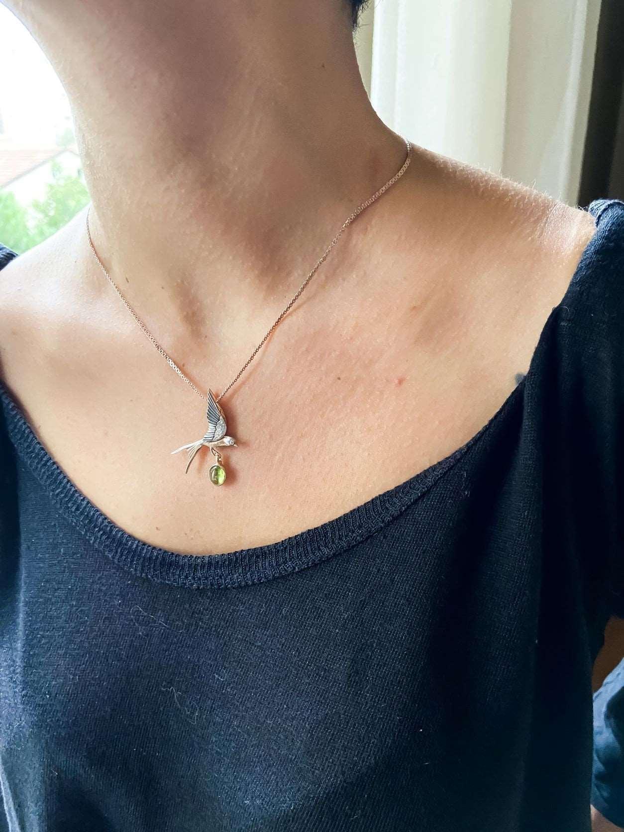 Handmade Peridot Swallow Bird Necklace, 925 Sterling Silver Swallow PePeridot Stone Our sparrow bird Necklace. Designs were designed by our design team. It is completely handcrafted by our craftsmen. These completely special design penHandmade Peridot Swallow Bird Necklace