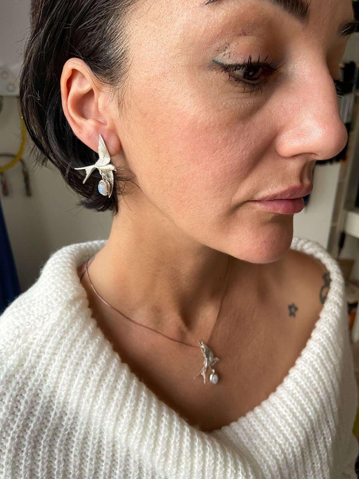 Moonstone Sparrow Stud Earrings, 925 Sterling Silver Sparrow Jewelry EMoonstone Our sparrow bird designs were designed by our design team. It is completely handcrafted by our craftsmen. They are movable wings whose wings can be used inMoonstone Sparrow Stud Earrings