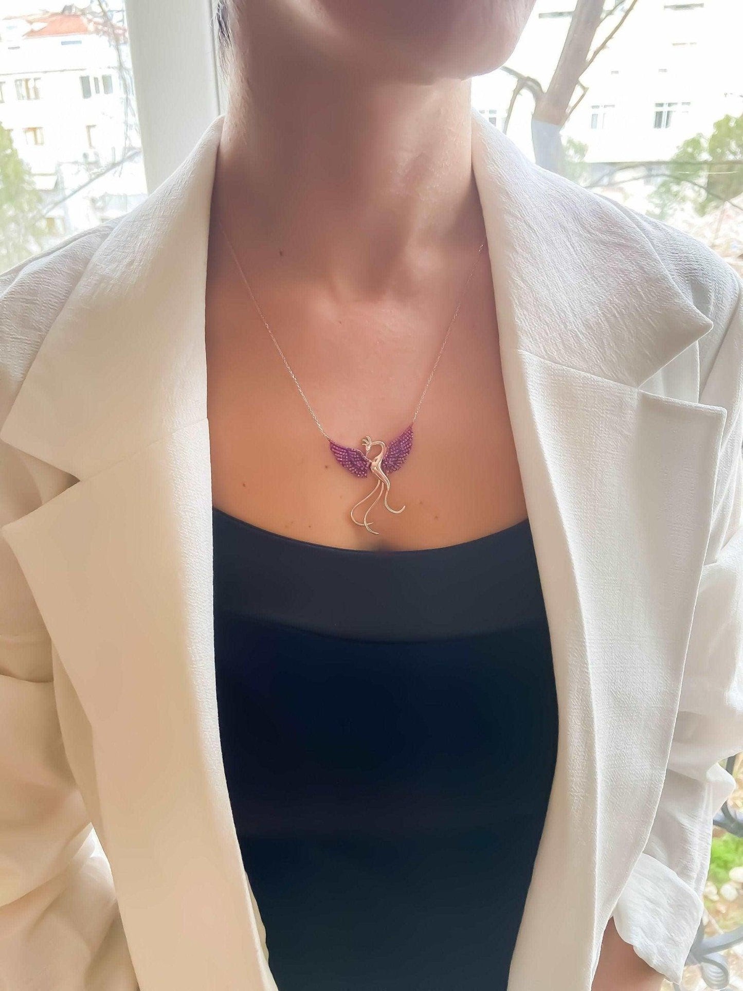 Red Phoenix Handmade Necklace, Bird Jewelry Rose Gold Firebird PendantWe designed our 925 carat fire bird necklace for you. It is completely handcrafted and made of sterling silver. It is decorated with rose gold and Purple colored zirRed Phoenix Handmade Necklace