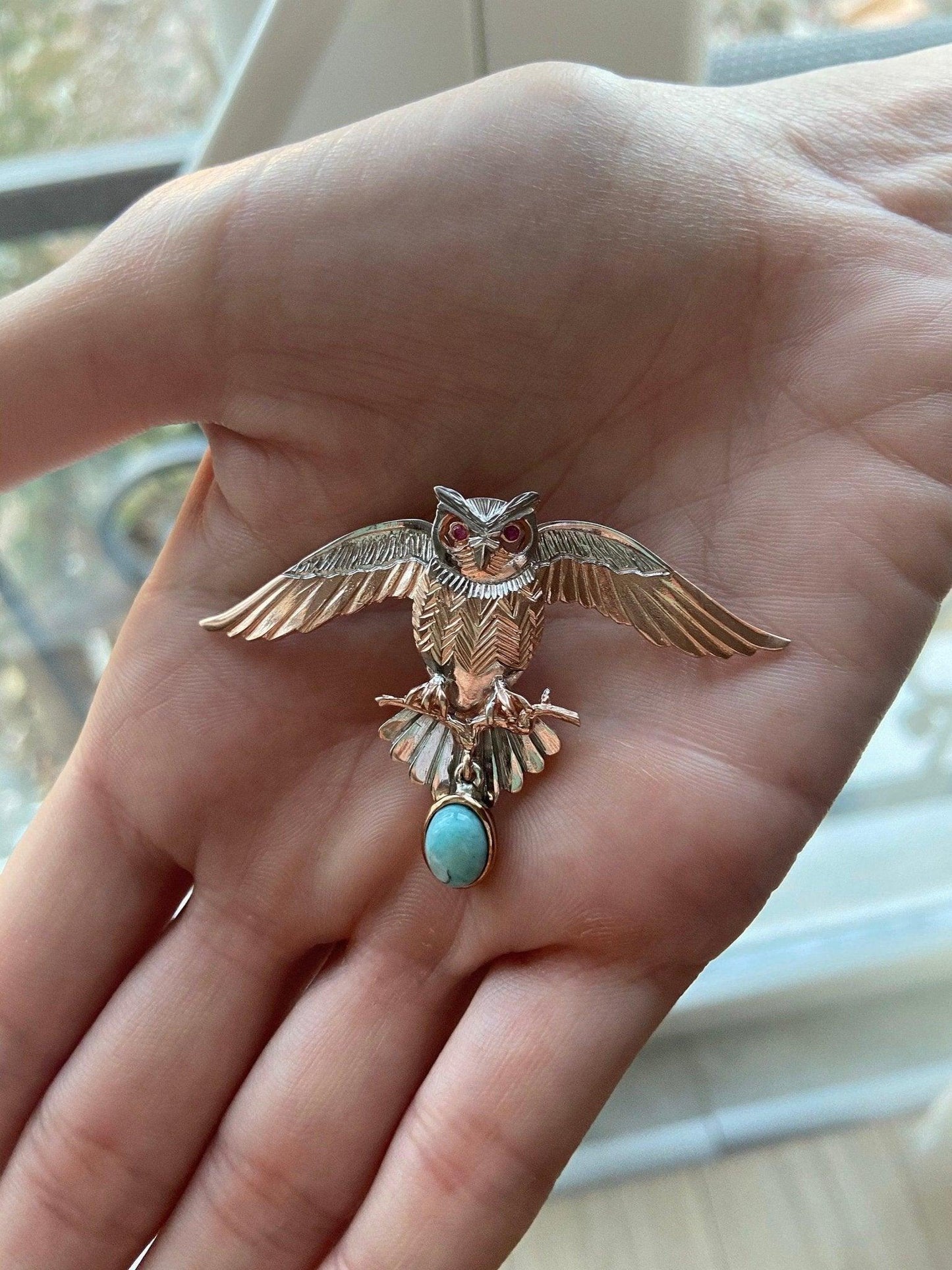 Turquoise Stone Owl Handmade Pendant, 925 Custom Desing Gemstone Owl, Turquoise Gemstone Our Owl is 925 sterling silver and it is completely handcrafted. The eyes you see on it are decorated with root ruby.the bottom stone is the turTurquoise Stone Owl