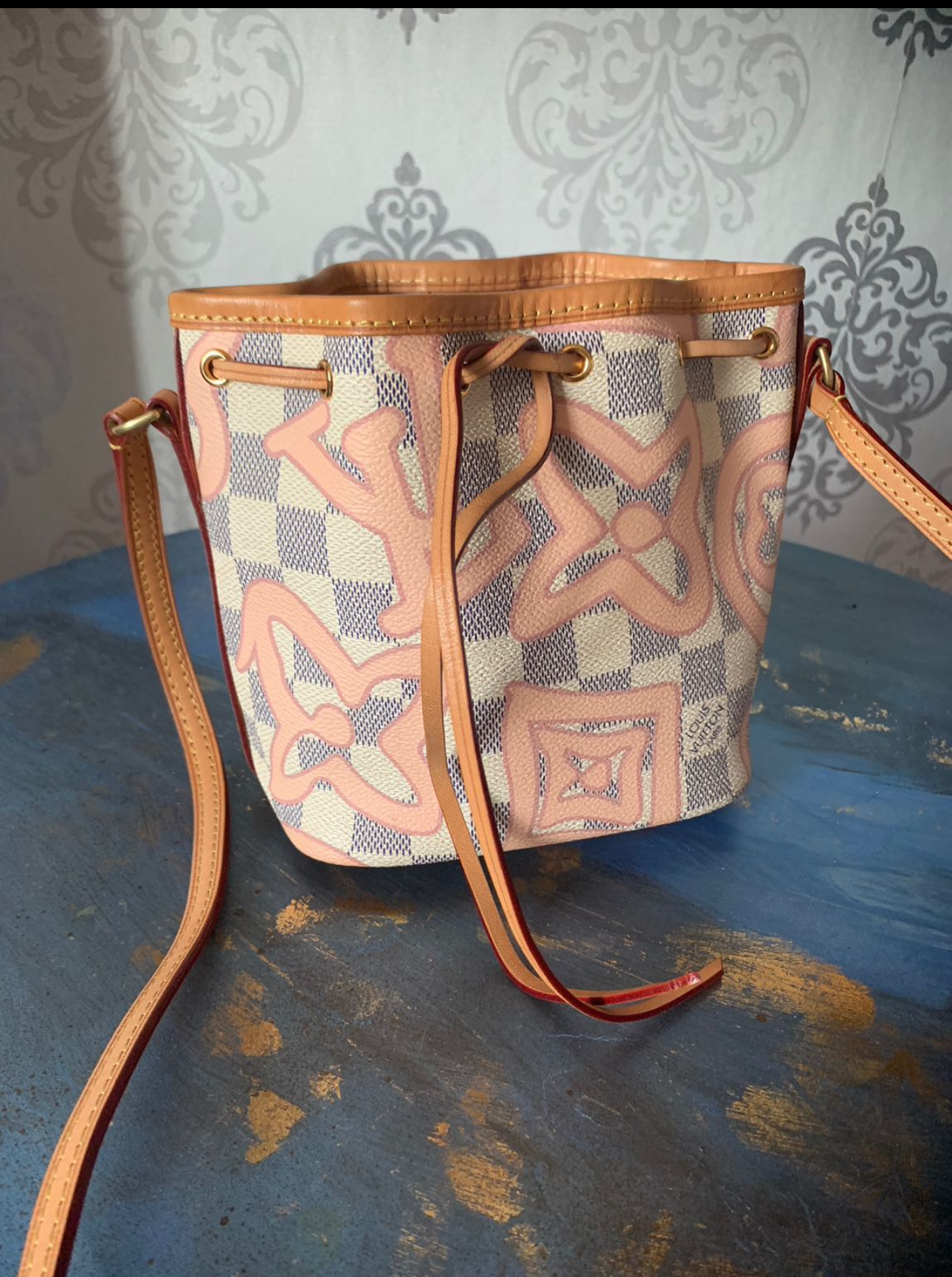 Louis Vuitton Nano Noe Damier Azur Tahitienne bucket bag with pink and beige accents