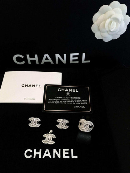 Authentic Chanel 925 Sterling Silver Stud Zircon Stone Baguette Cut Earrings - Tracesilver