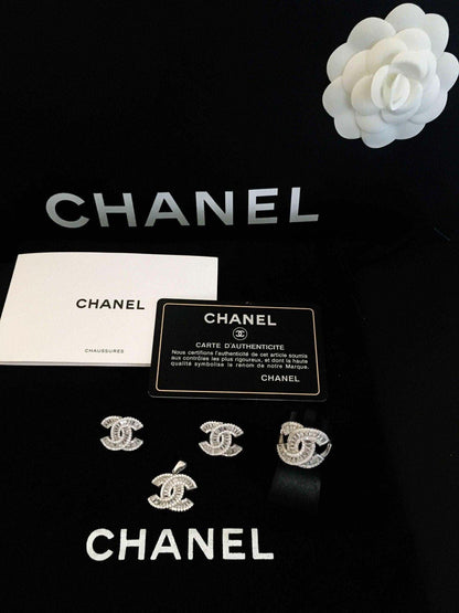 Chanel Vintage Set 925 Sterling Silver earrings and badges with authenticity card and packaging