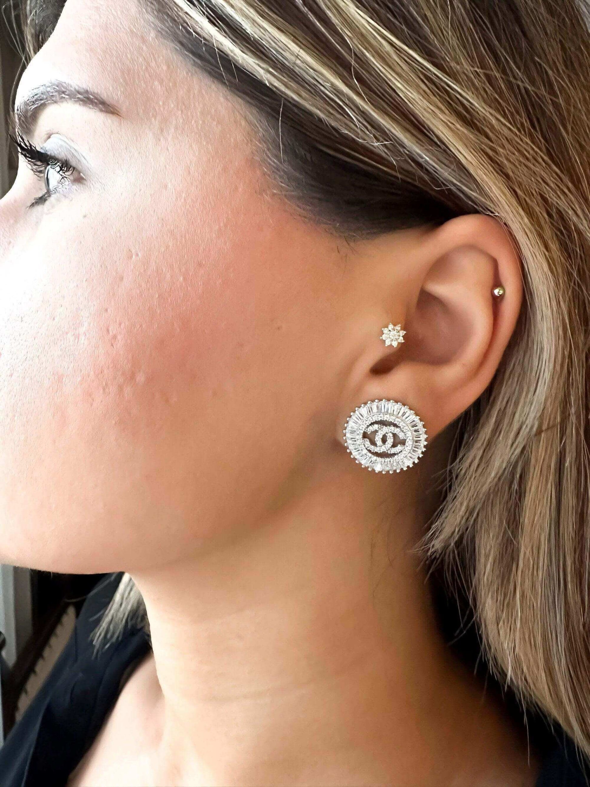 925 sterling silver Chanel zircon stone baguette earrings worn on ear