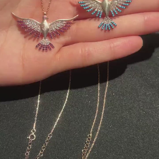 925 Sterling Silver Phoenix Necklace | Blue White Colorfull Phoenix | Blue Silver Phoenix Necklace | Phoenix Good News|Turqouıse Phoenix