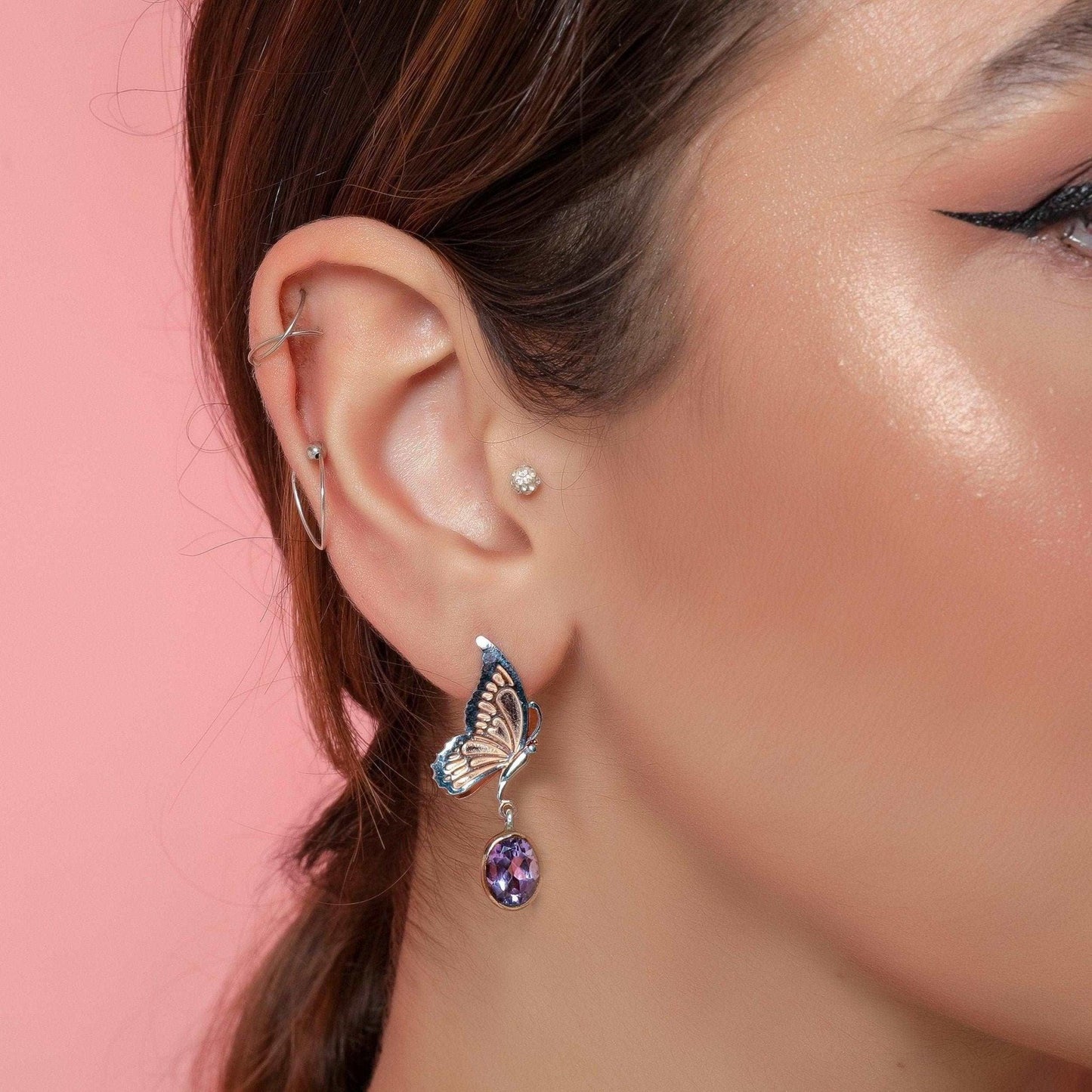 Amethyst Butterfly Custom Desing Stud Earrings, Handmade Butterfly EarOur Butterfly, whose design and craftsmanship belong to us, are decorated with amethyst stone. Butterfly wings are covered with rose gold. You can see the magnificenAmethyst Butterfly Custom Desing