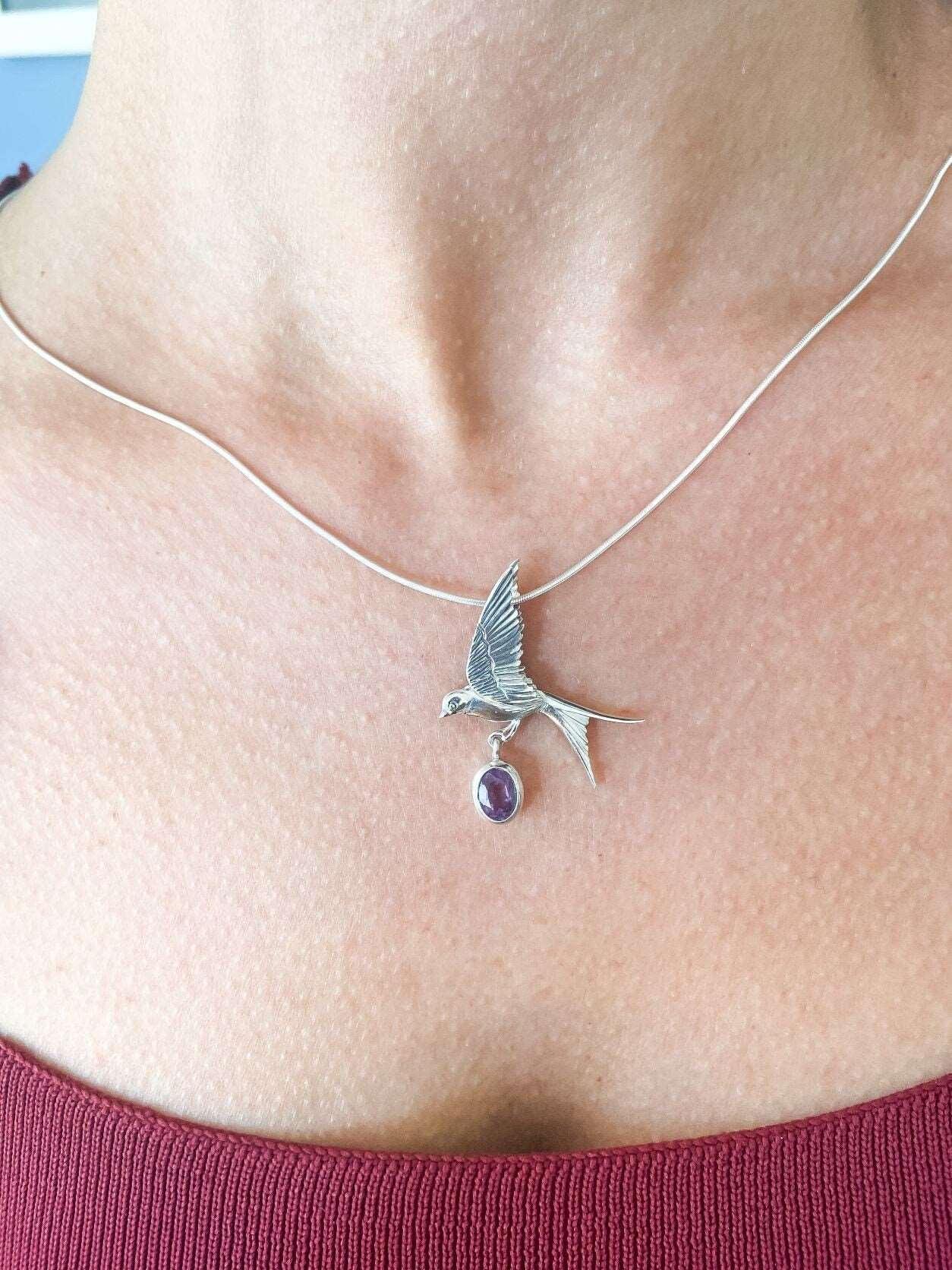 Amethyst Sparrow Silver Necklace  925 Sterling Silver Bird Stud PendanAmethyst Stone Our sparrow bird designs were designed by our design team. It is completely handcrafted by our craftsmen. They are movable wings whose wings can be usAmethyst Sparrow Silver Necklace