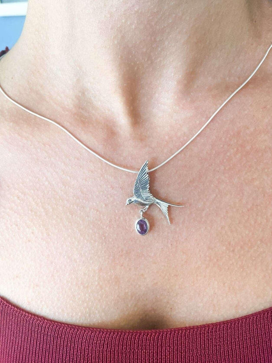 Amethyst Sparrow Silver Necklace  925 Sterling Silver Bird Stud PendanAmethyst Stone Our sparrow bird designs were designed by our design team. It is completely handcrafted by our craftsmen. They are movable wings whose wings can be usAmethyst Sparrow Silver Necklace