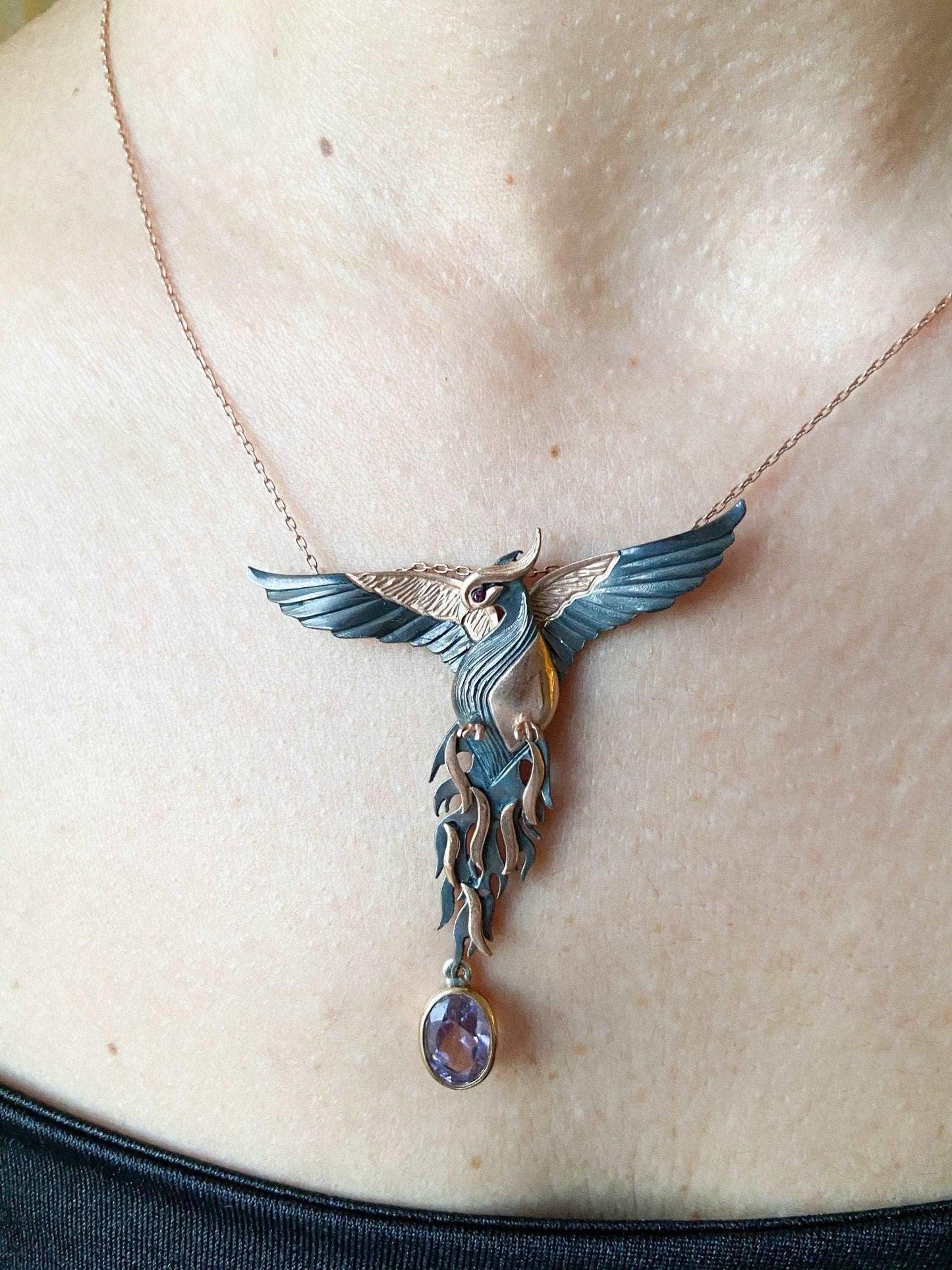 Amethyst Stone Fire Bird Pendant, Custom Desing Phoenix 925 Sterling SAmethyst Gemstone Our phoenix is ​​925 sterling silver and it is completely handcrafted. The eyes you see on it are decorated with red emeralds. It is specially desiAmethyst Stone Fire Bird Pendant