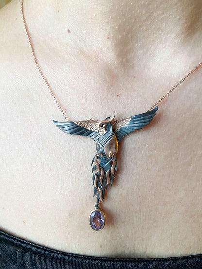 Amethyst Stone Fire Bird Pendant, Custom Desing Phoenix 925 Sterling SAmethyst Gemstone Our phoenix is ​​925 sterling silver and it is completely handcrafted. The eyes you see on it are decorated with red emeralds. It is specially desiAmethyst Stone Fire Bird Pendant