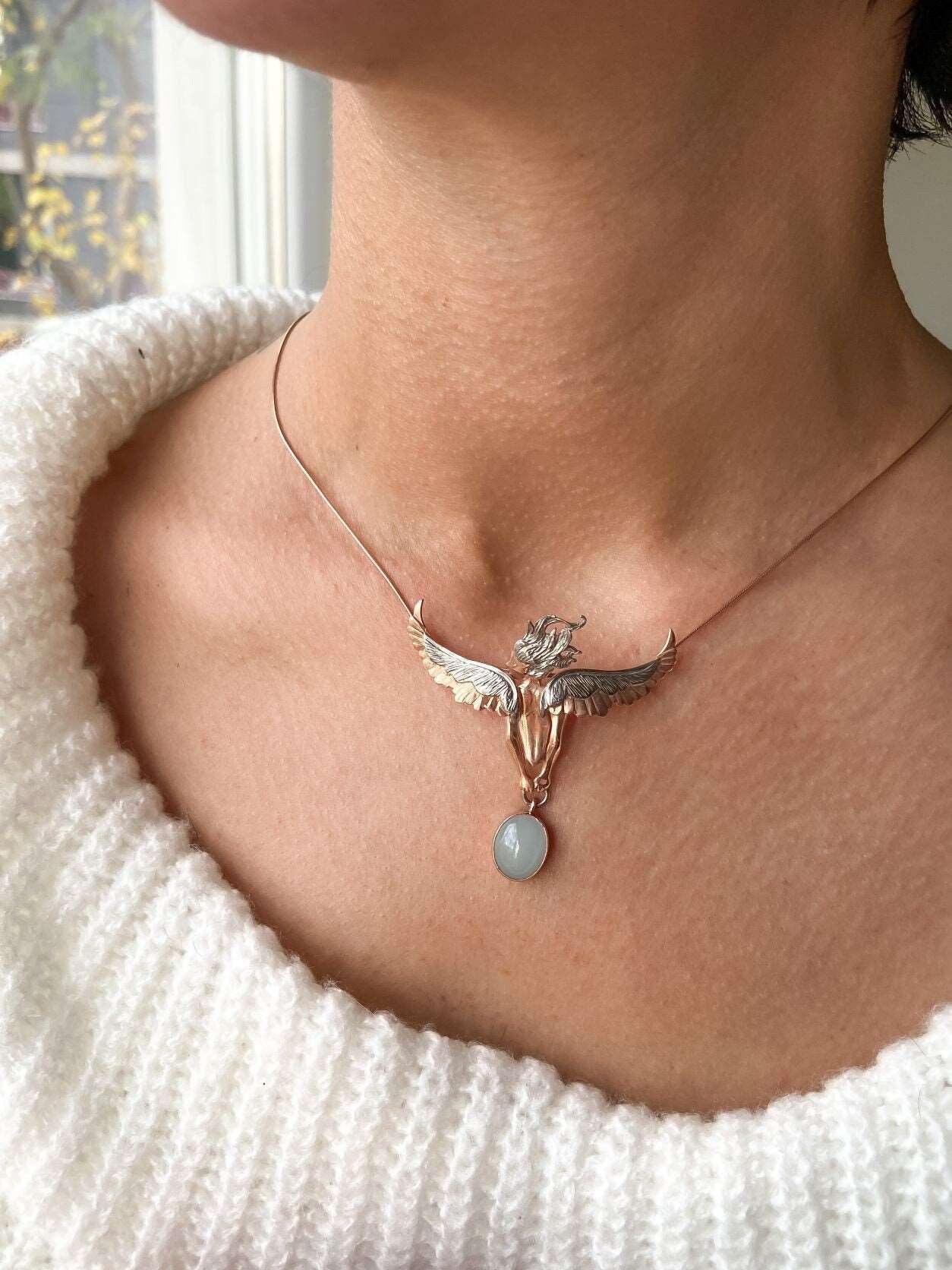 Angel Moonstone Necklace, 925 Sterling Silver Angel Design Handmade JeOur designer necklace of our brand, the woman with angel wings moonstone necklace, has been specially designed for you by our masters. It is decorated with citrine sAngel Moonstone Necklace