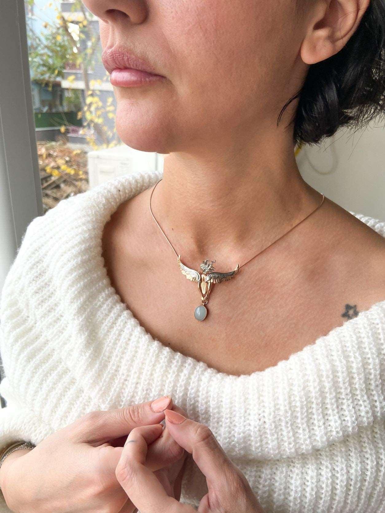 Angel Moonstone Necklace, 925 Sterling Silver Angel Design Handmade JeOur designer necklace of our brand, the woman with angel wings moonstone necklace, has been specially designed for you by our masters. It is decorated with citrine sAngel Moonstone Necklace