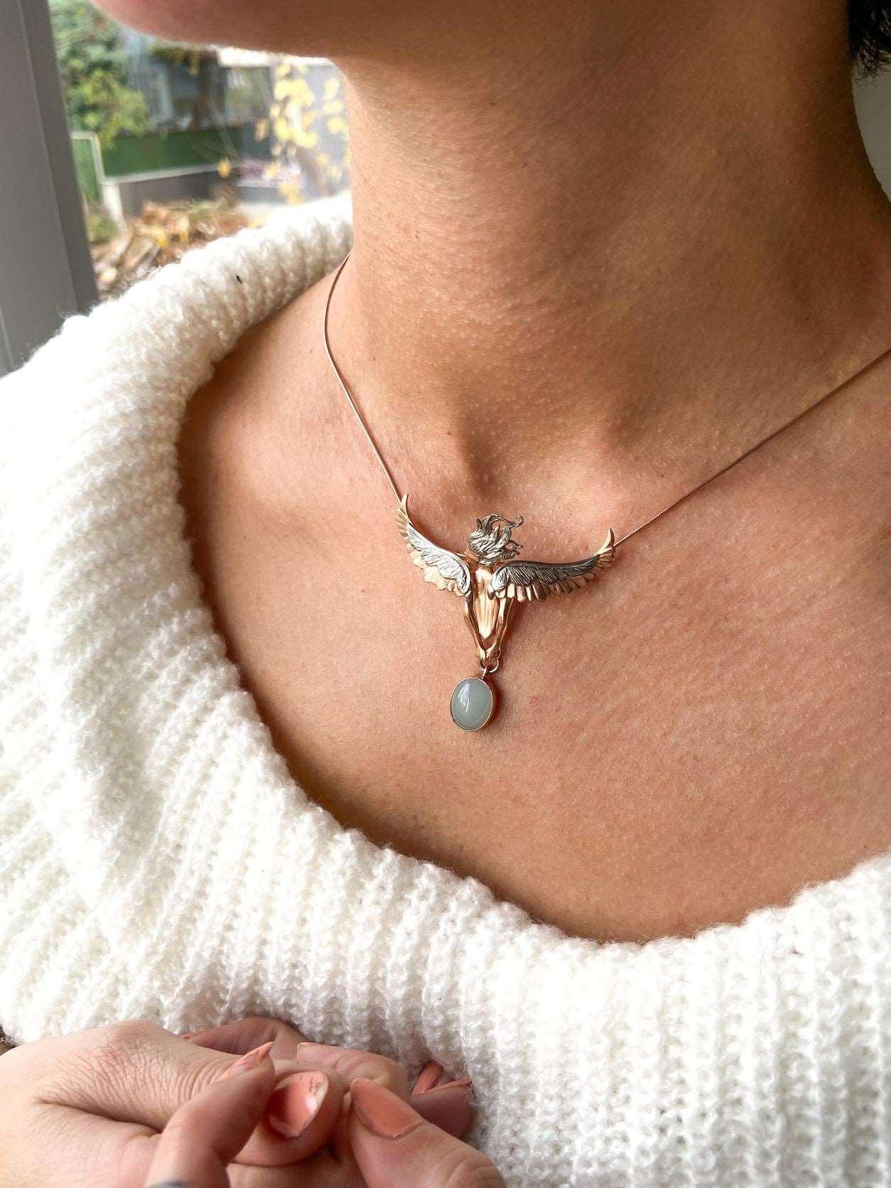 Angel Moonstone Necklace, 925 Sterling Silver Angel Design Handmade JeOur designer necklace of our brand, the woman with angel wings moonstone necklace, has been specially designed for you by our masters. It is decorated with citrine sAngel Moonstone Necklace