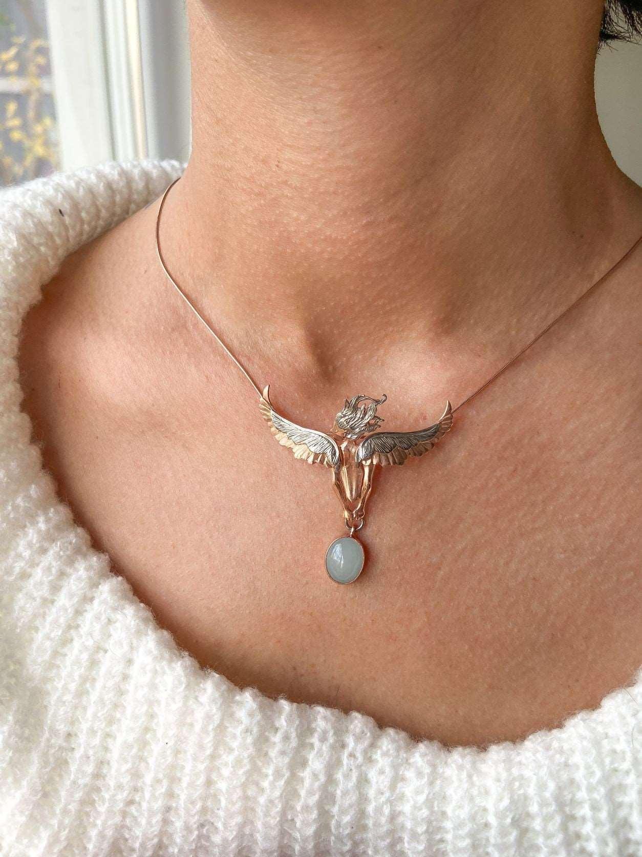 Angel Moonstone Necklace, 925 Sterling Silver Angel Design Handmade JeOur designer necklace of our brand, the woman with angel wings moonstone necklace, has been specially designed for you by our masters. It is decorated with citrine sAngel Moonstone Necklace