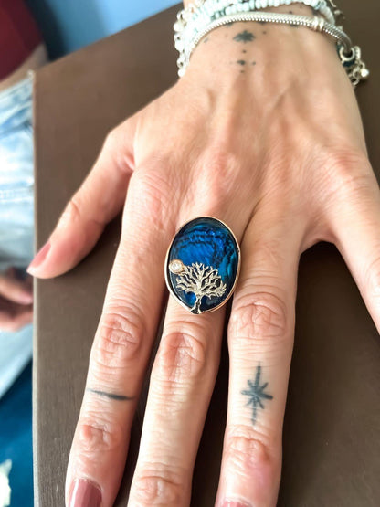 Blue Abalone Stone Tree Of Life Silver Ring, 925 Sterling Silver Life Abalone Stone Tree of Life 925 sterling silver ring, decorated with abalone shell stone and produced by our masters. Inspired by the Tree of Life theme, we combine iBlue Abalone Stone