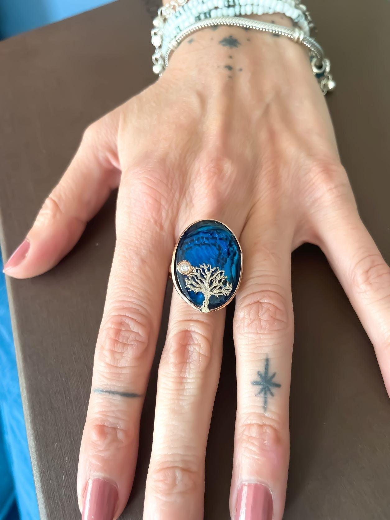 Blue Abalone Stone Tree Of Life Silver Ring, 925 Sterling Silver Life Abalone Stone Tree of Life 925 sterling silver ring, decorated with abalone shell stone and produced by our masters. Inspired by the Tree of Life theme, we combine iBlue Abalone Stone