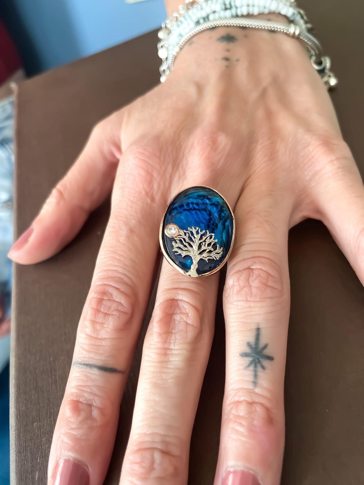 Blue Abalone Stone Tree Of Life Silver Ring, 925 Sterling Silver Life Abalone Stone Tree of Life 925 sterling silver ring, decorated with abalone shell stone and produced by our masters. Inspired by the Tree of Life theme, we combine iBlue Abalone Stone