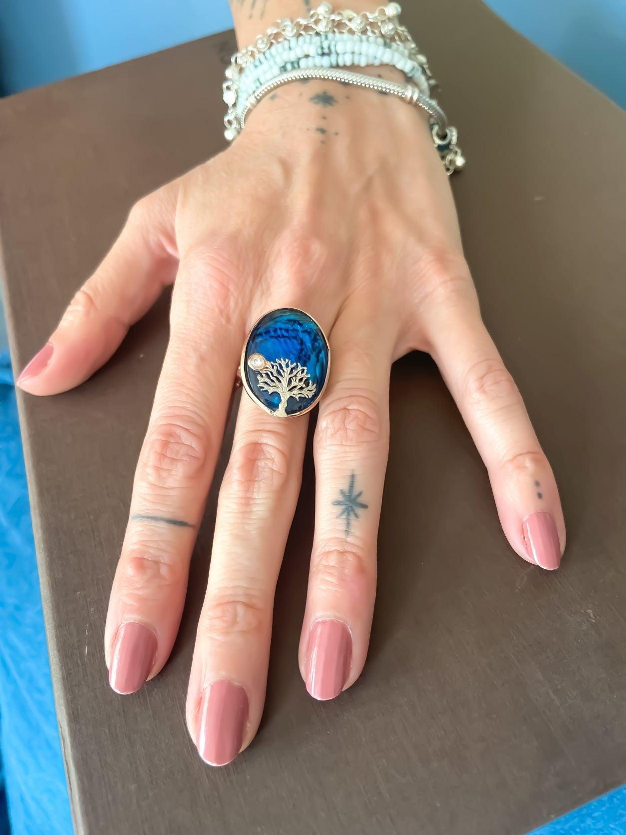 Blue Abalone Stone Tree Of Life Silver Ring, 925 Sterling Silver Life Abalone Stone Tree of Life 925 sterling silver ring, decorated with abalone shell stone and produced by our masters. Inspired by the Tree of Life theme, we combine iBlue Abalone Stone