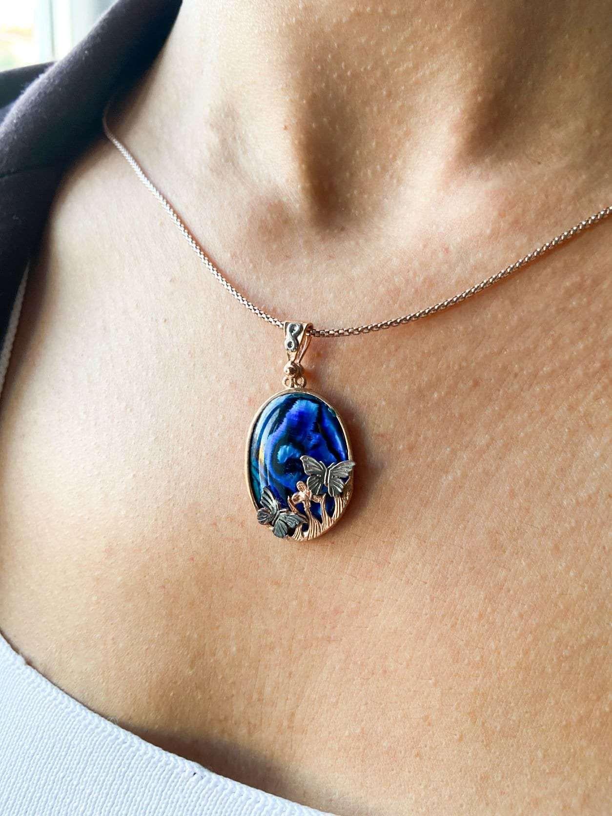Butterfly Necklace Blue Abalone Gemstone  925 Sterling Silver Pendant,925 sterling sterling silver and complety Handmade, decorated with abalone shell stone and produced by our masters. Inspired by Butterfly theme, we combine it with aButterfly Necklace