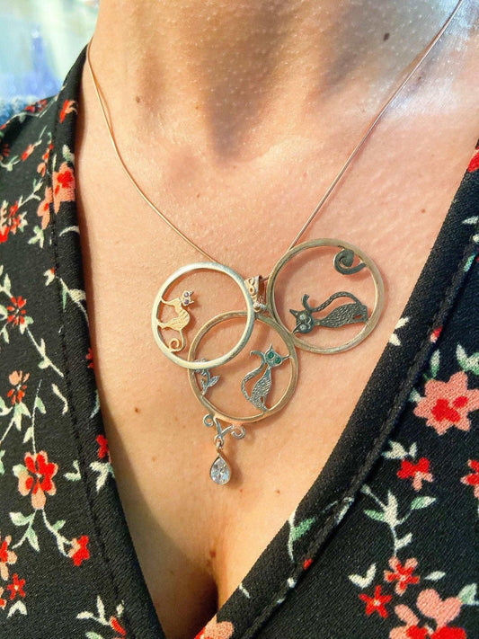 Cat Family Custom Design Pendant, 925 Sterling Silver Animal Necklace,İz Silver are in front of you with a specially designed necklace. Our cat family, which is worked with 925 sterling silver. Our necklace, which is designed and produCat Family Custom Design Pendant