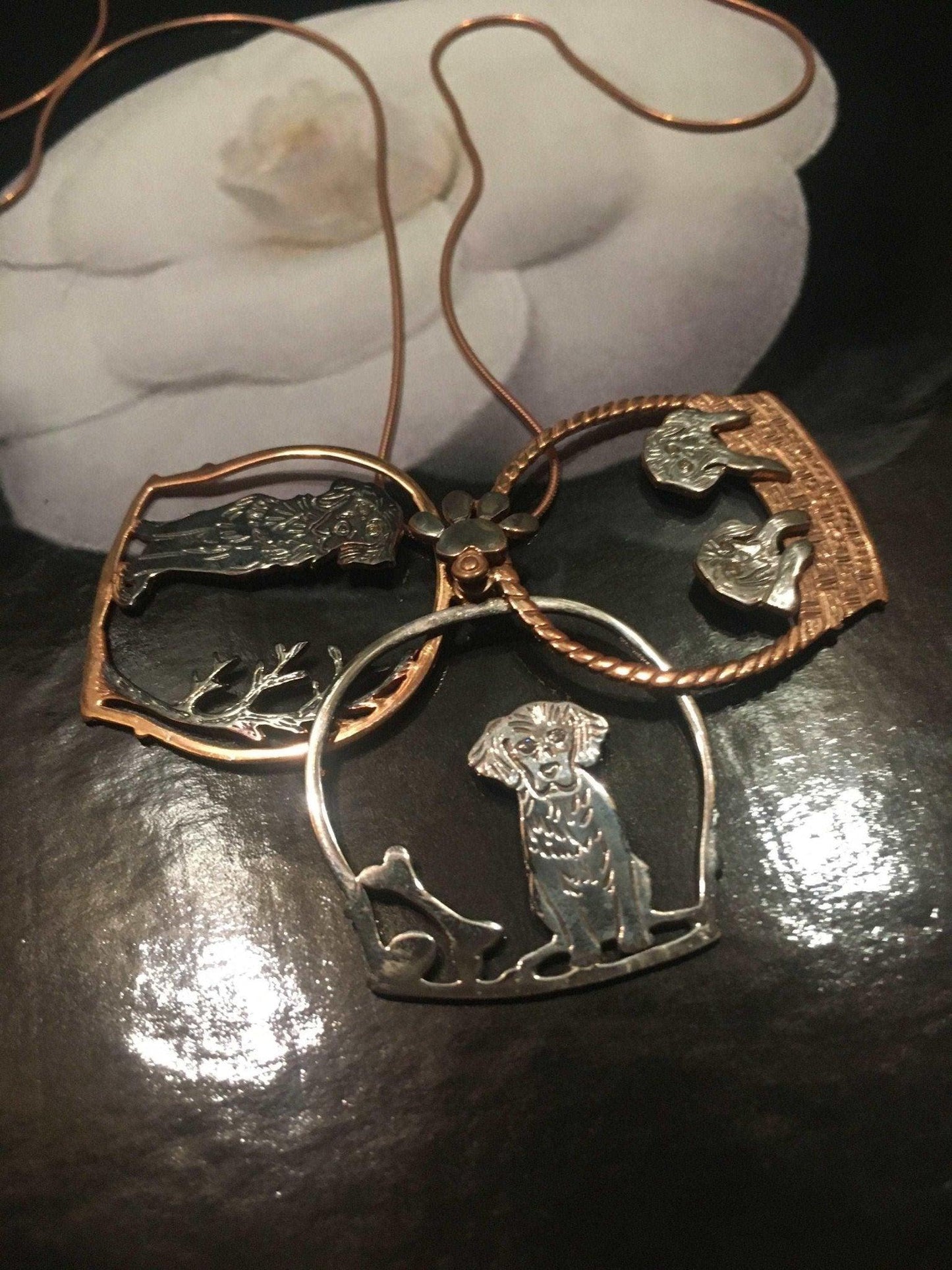 Dog Family Moving Pendant, Dog Jewelry Custom Desing Necklaces, HandmaOur animated dog family necklace is designed with 925 sterling silver and hand workmanship. Rose gold and silver color are mixed. It belongs to our brand as a differDog Family Moving Pendant
