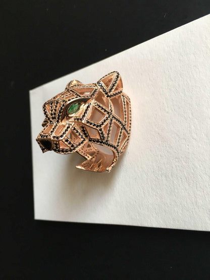 Emerald Eye Silver Leopard Unique Rings Custom Desing Jewelry, HandmadOur special design Emerald leopard ring is a different and remarkable design. The eyes of our leopard are made of real emerald stone. 925 sterling silver and handcraEmerald Eye Silver Leopard