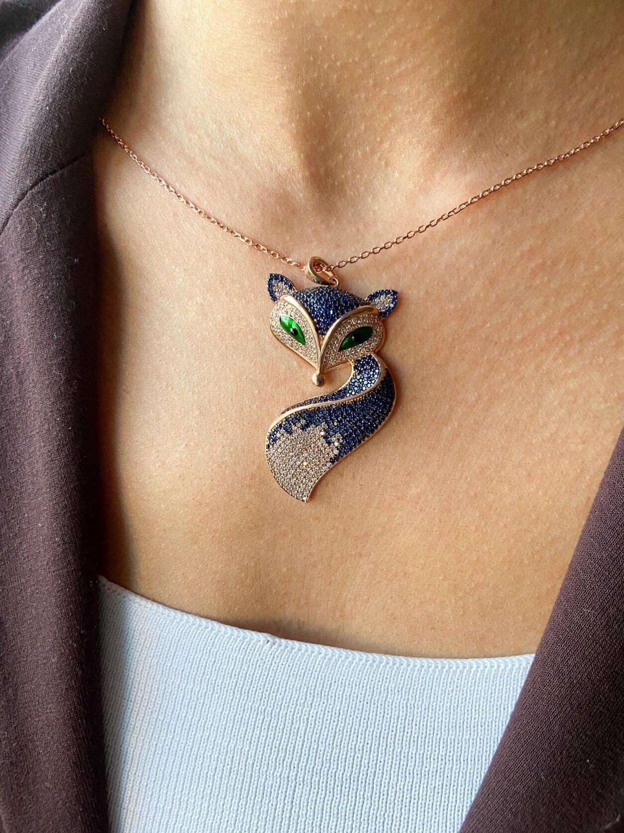 Fox Necklace Animal Jewelry Necklace For Women, Fox Pendant For Her, GOur 925 sterling silver fox necklace are a design belonging to our brand. They are designed and produced by our masters with zircon stones and are completely handcraFox Necklace
