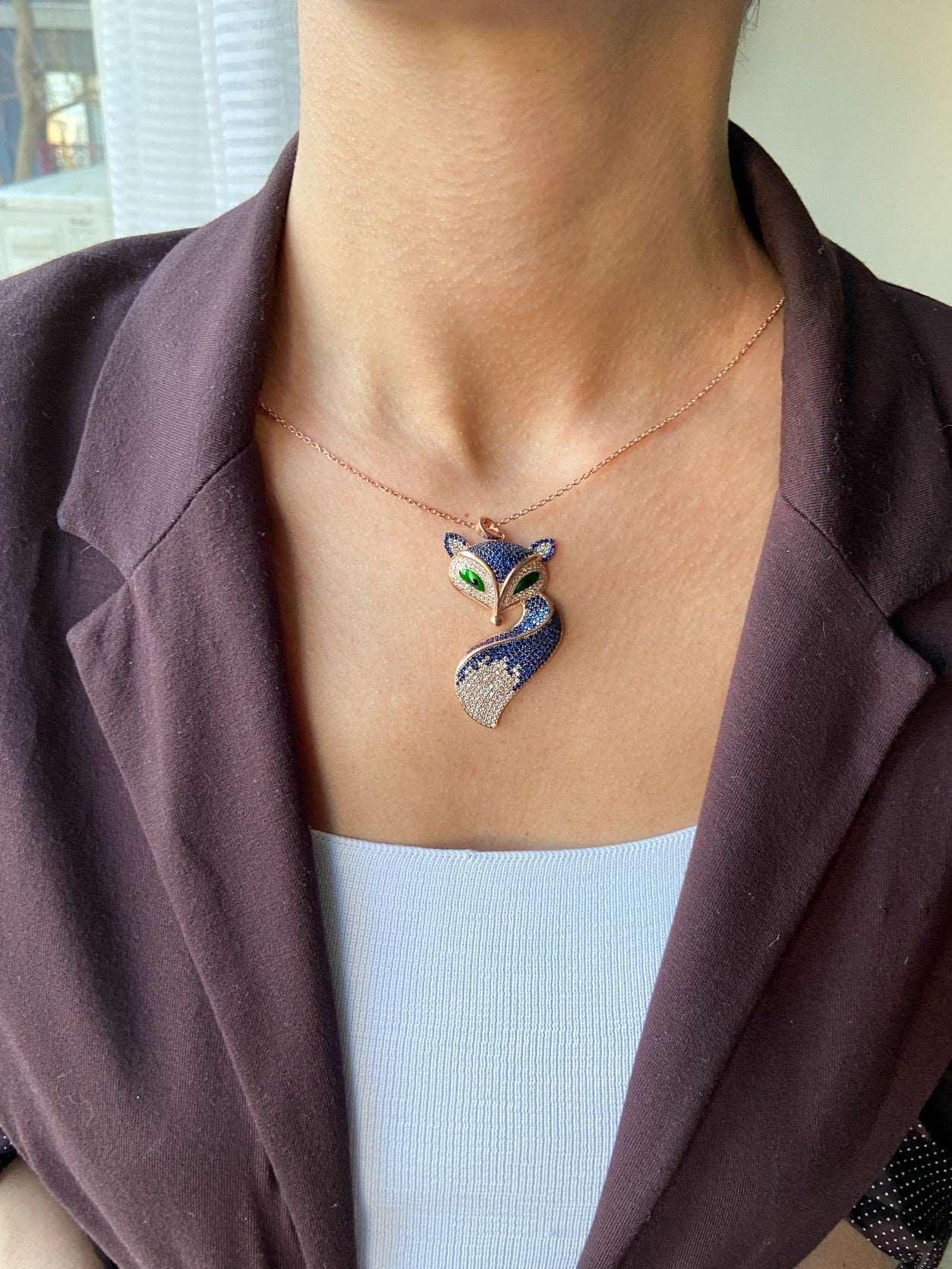 Fox Necklace Animal Jewelry Necklace For Women, Fox Pendant For Her, GOur 925 sterling silver fox necklace are a design belonging to our brand. They are designed and produced by our masters with zircon stones and are completely handcraFox Necklace