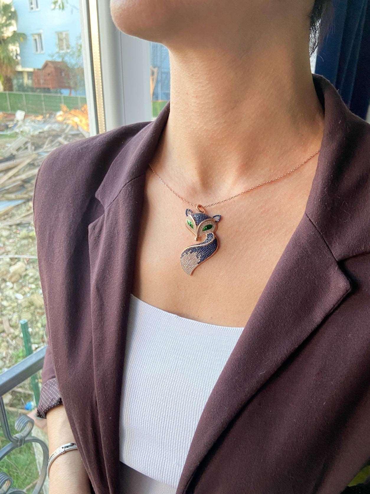 Fox Necklace Animal Jewelry Necklace For Women, Fox Pendant For Her, GOur 925 sterling silver fox necklace are a design belonging to our brand. They are designed and produced by our masters with zircon stones and are completely handcraFox Necklace