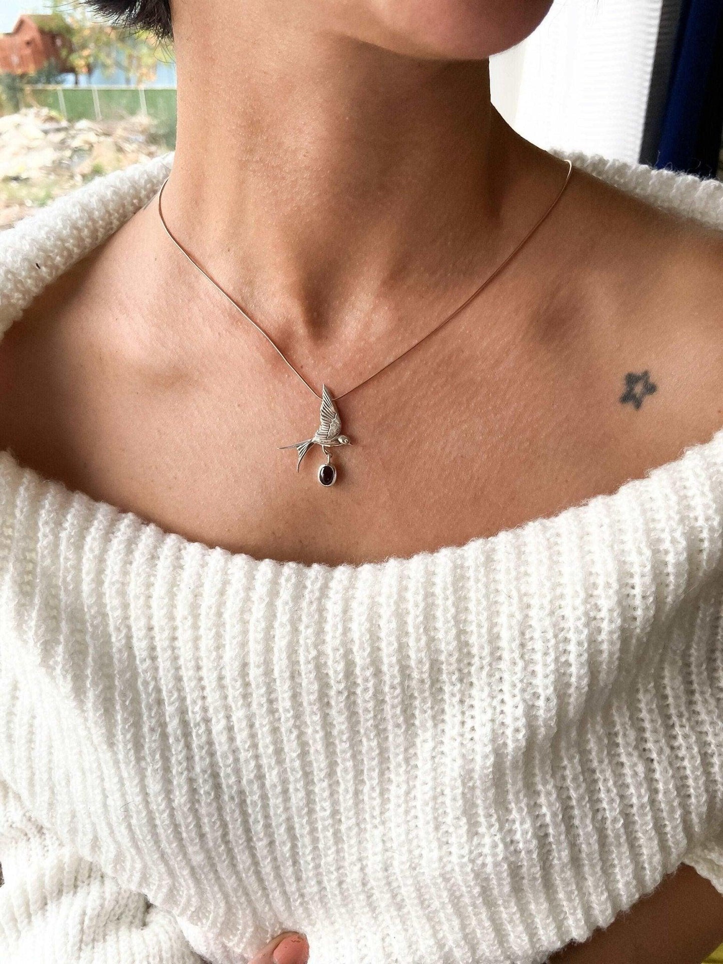 Garnet Stone Sparrow Necklace, 925 Sterling Silver Handmade Sparrow JeGarnet Stone Our sparrow bird Necklace. Designs were designed by our design team. It is completely handcrafted by our craftsmen. These completely special design pendGarnet Stone Sparrow Necklace