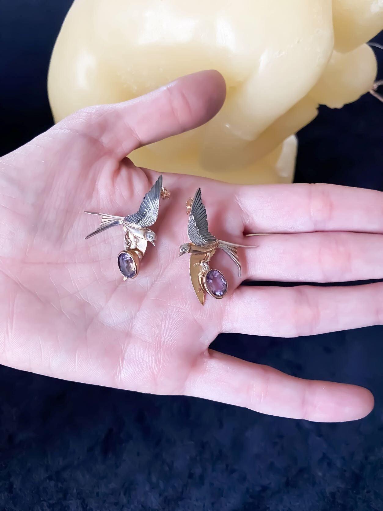 Handmade Amethyst Bird Stud Earrings, 925 Sterling Silver Swallow BirdAmethyst Stone Our sparrow bird designs were designed by our design team. It is completely handcrafted by our craftsmen. They are movable wings whose wings can be usHandmade Amethyst Bird Earrings