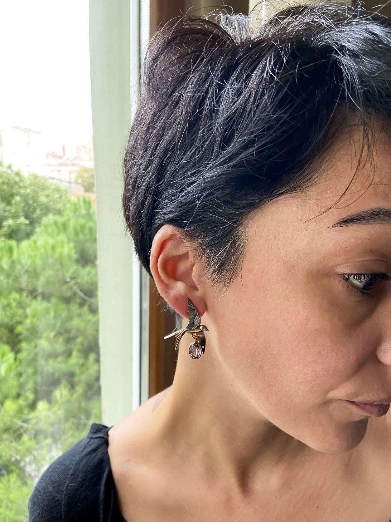 Handmade Amethyst Bird Stud Earrings, 925 Sterling Silver Swallow BirdAmethyst Stone Our sparrow bird designs were designed by our design team. It is completely handcrafted by our craftsmen. They are movable wings whose wings can be usHandmade Amethyst Bird Earrings