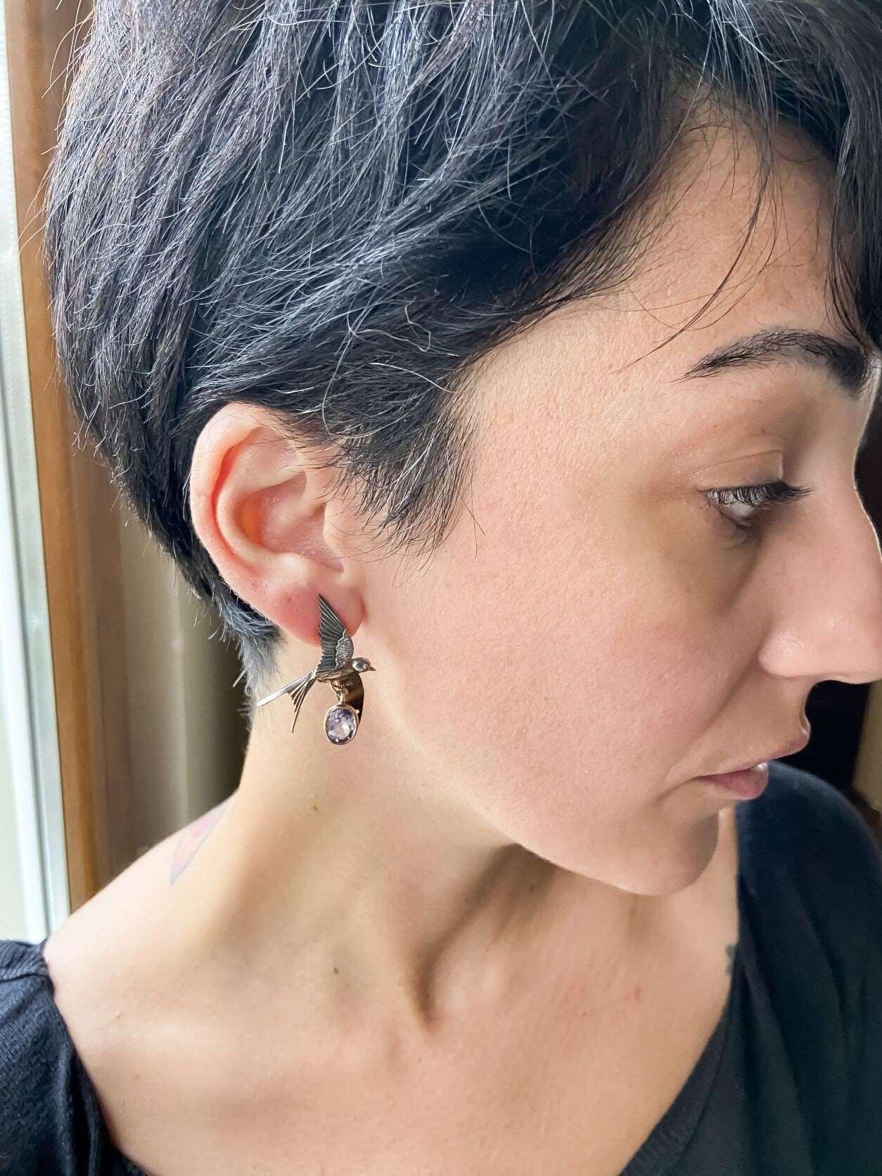 Handmade Amethyst Bird Stud Earrings, 925 Sterling Silver Swallow BirdAmethyst Stone Our sparrow bird designs were designed by our design team. It is completely handcrafted by our craftsmen. They are movable wings whose wings can be usHandmade Amethyst Bird Earrings