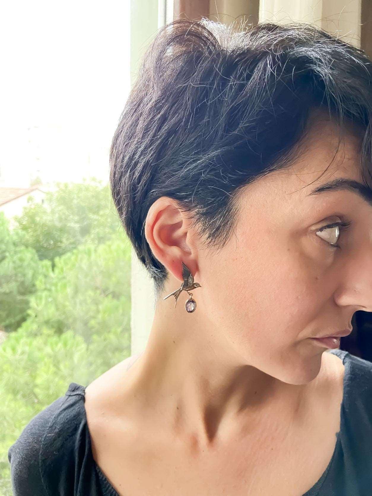 Handmade Amethyst Bird Stud Earrings, 925 Sterling Silver Swallow BirdAmethyst Stone Our sparrow bird designs were designed by our design team. It is completely handcrafted by our craftsmen. They are movable wings whose wings can be usHandmade Amethyst Bird Earrings