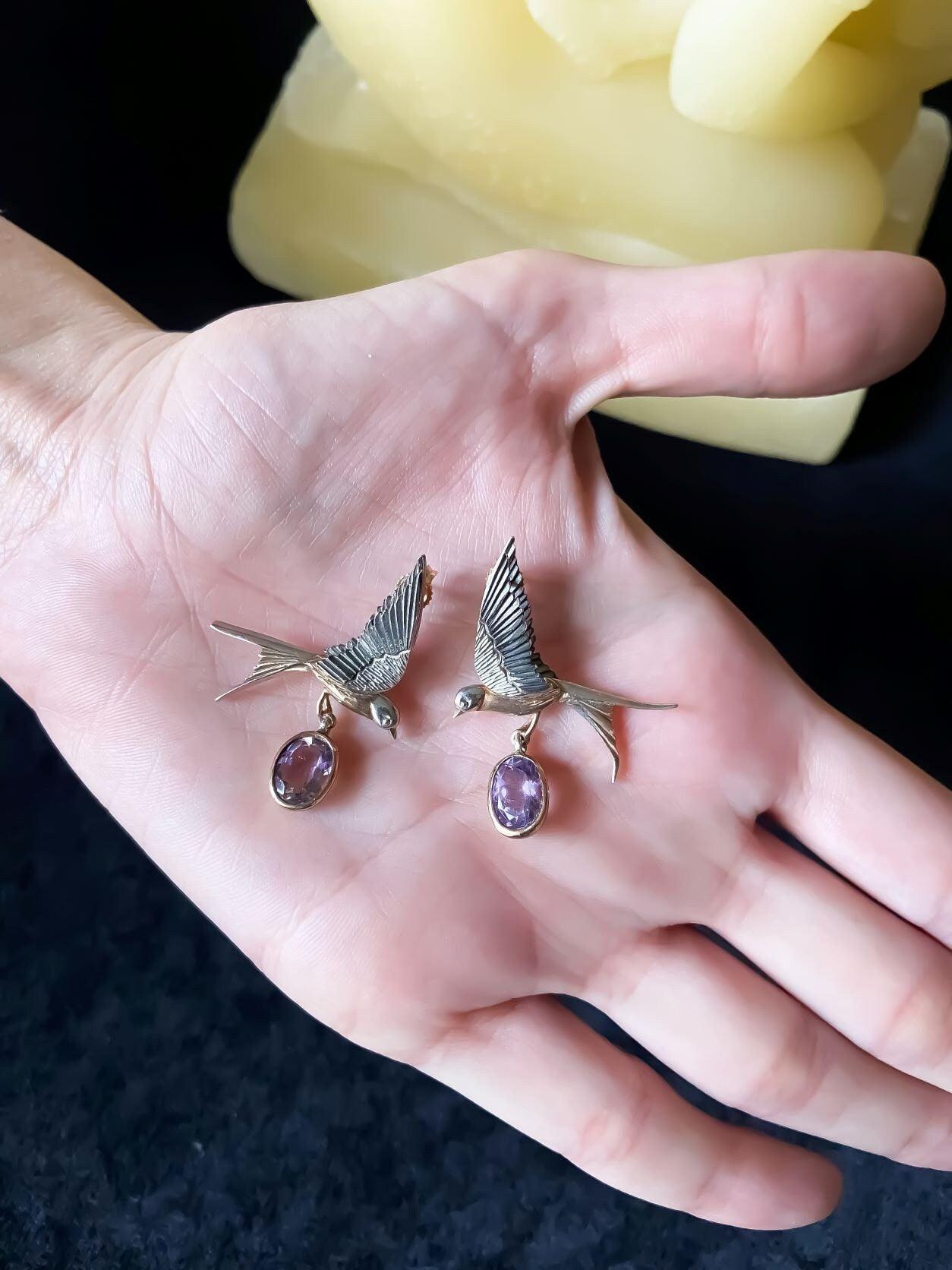Handmade Amethyst Bird Stud Earrings, 925 Sterling Silver Swallow BirdAmethyst Stone Our sparrow bird designs were designed by our design team. It is completely handcrafted by our craftsmen. They are movable wings whose wings can be usHandmade Amethyst Bird Earrings