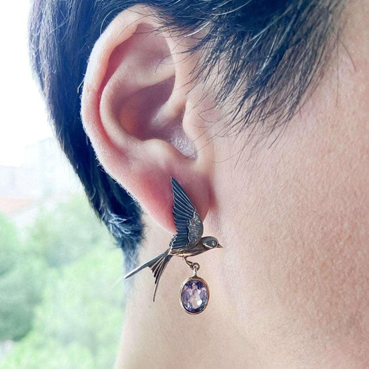 Handmade Amethyst Bird Stud Earrings, 925 Sterling Silver Swallow BirdAmethyst Stone Our sparrow bird designs were designed by our design team. It is completely handcrafted by our craftsmen. They are movable wings whose wings can be usHandmade Amethyst Bird Earrings