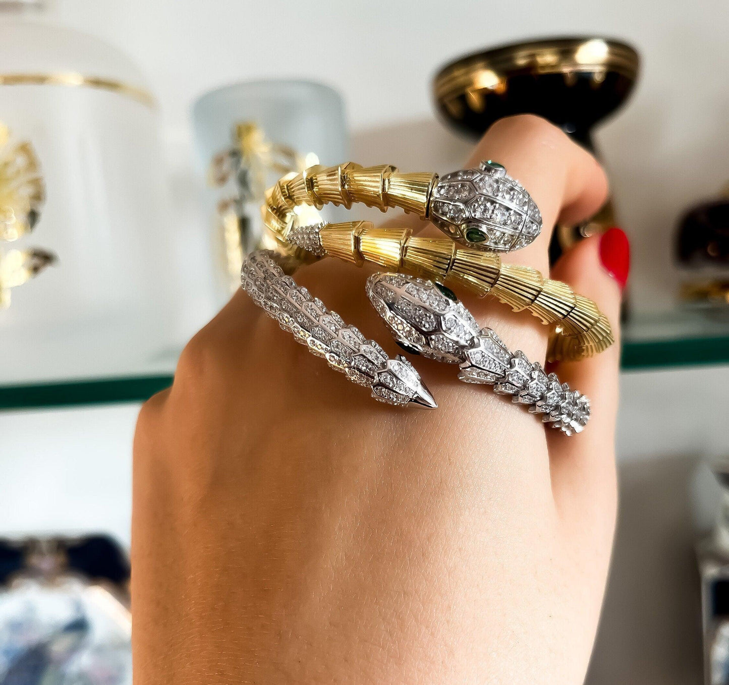 925 Sterling Silver Full Zircon Stone Green Ruby Eyes Snake Bracelet, - Tracesilver