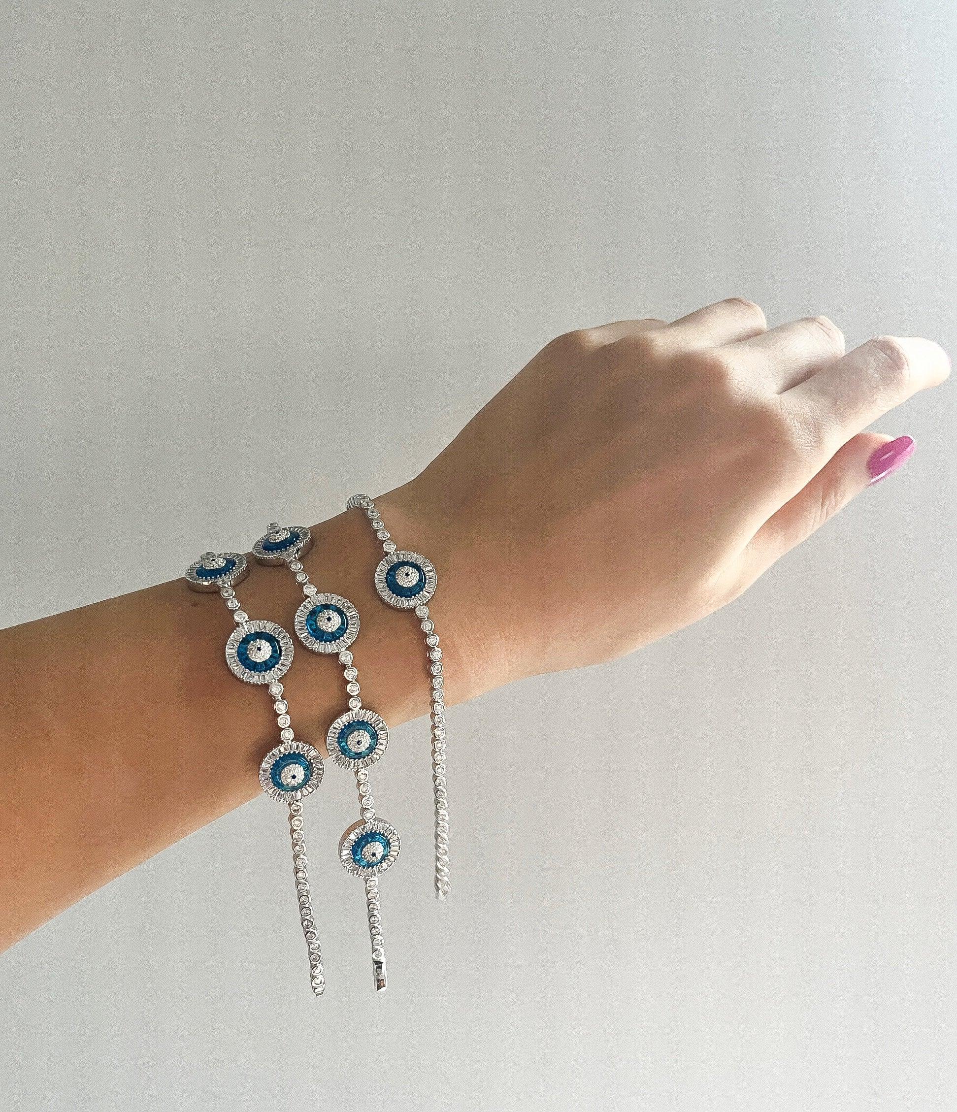 925 Sterling Silver High Quality Evil Eye Round Tennis Beaded Bracelet Women - Tracesilver