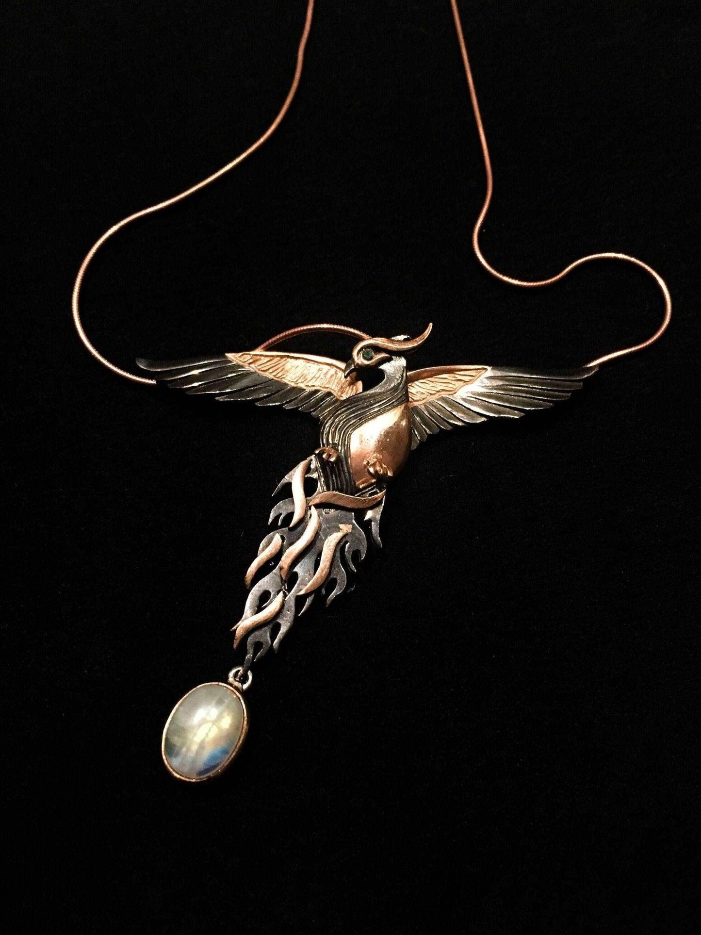 Moonstone Rose Gold Handmade Phoenix Necklace, Jewerly Firebird MoonstOur phoenix is ​​925 sterling silver and it is completely handcrafted. The eyes you see on it are decorated with emeralds.the stone under it is moonstone. It is specMoonstone Rose Gold