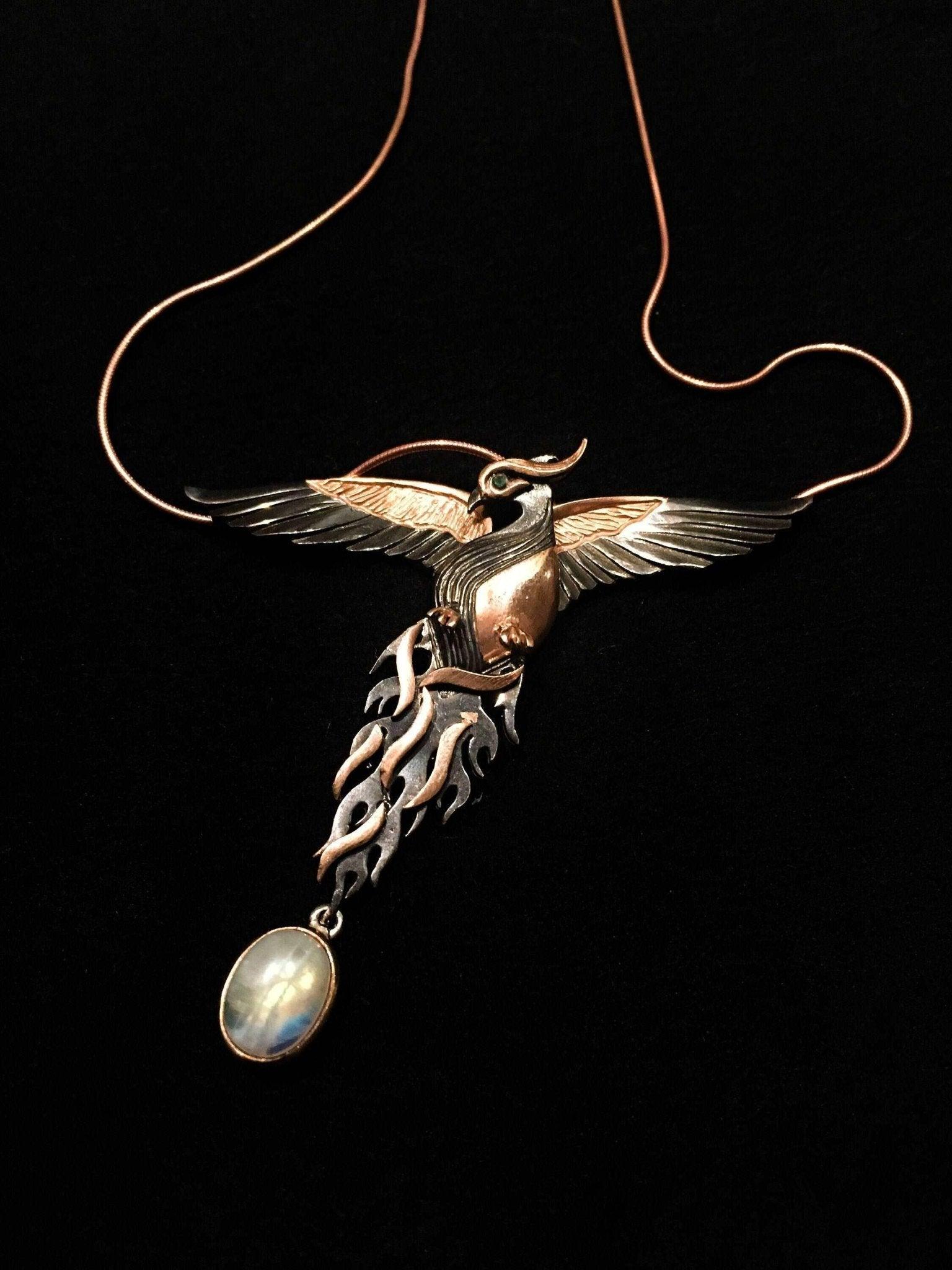 Moonstone Rose Gold Handmade Phoenix Necklace, Jewerly Firebird MoonstOur phoenix is ​​925 sterling silver and it is completely handcrafted. The eyes you see on it are decorated with emeralds.the stone under it is moonstone. It is specMoonstone Rose Gold