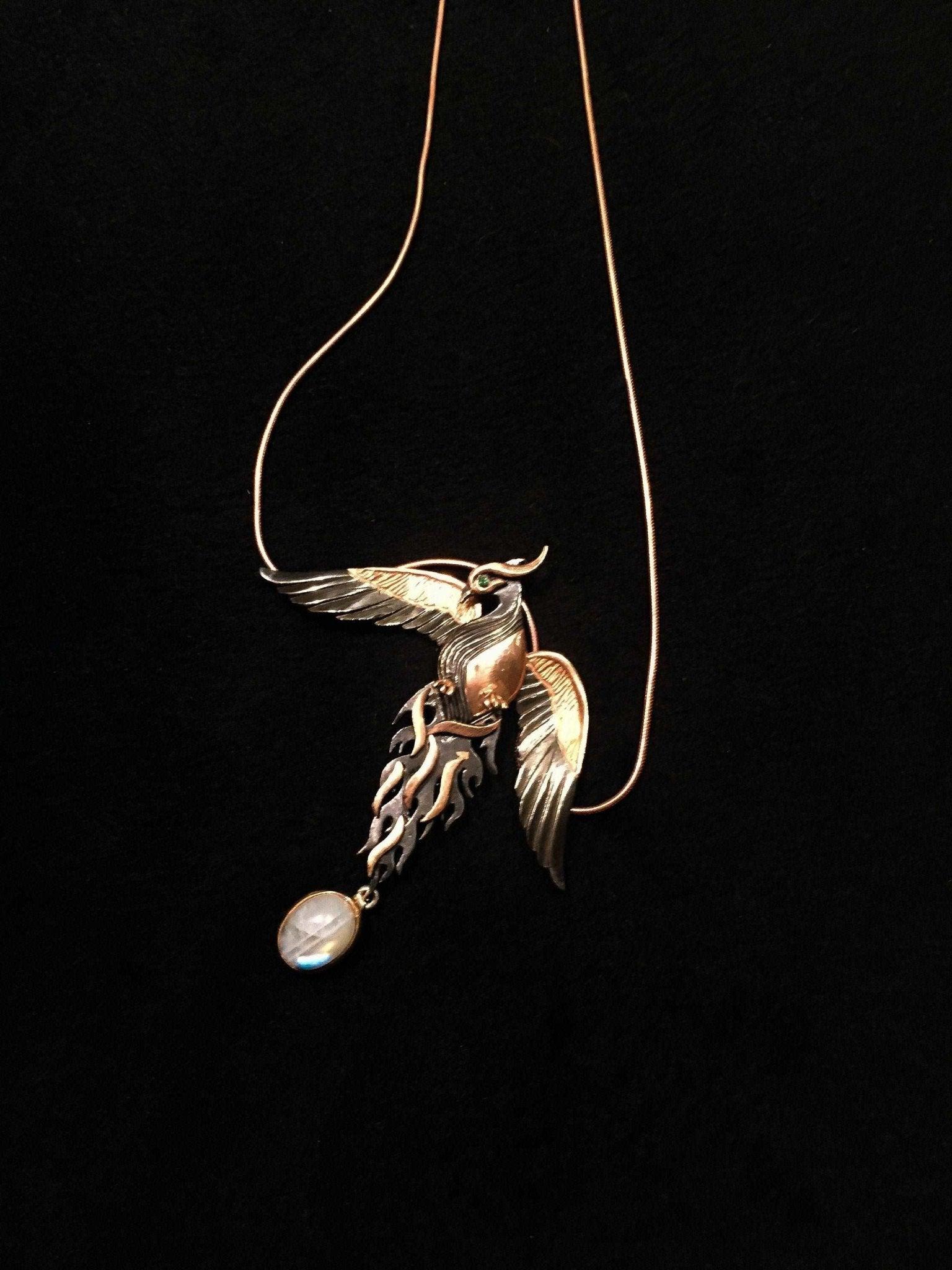 Moonstone Rose Gold Handmade Phoenix Necklace, Jewerly Firebird MoonstOur phoenix is ​​925 sterling silver and it is completely handcrafted. The eyes you see on it are decorated with emeralds.the stone under it is moonstone. It is specMoonstone Rose Gold