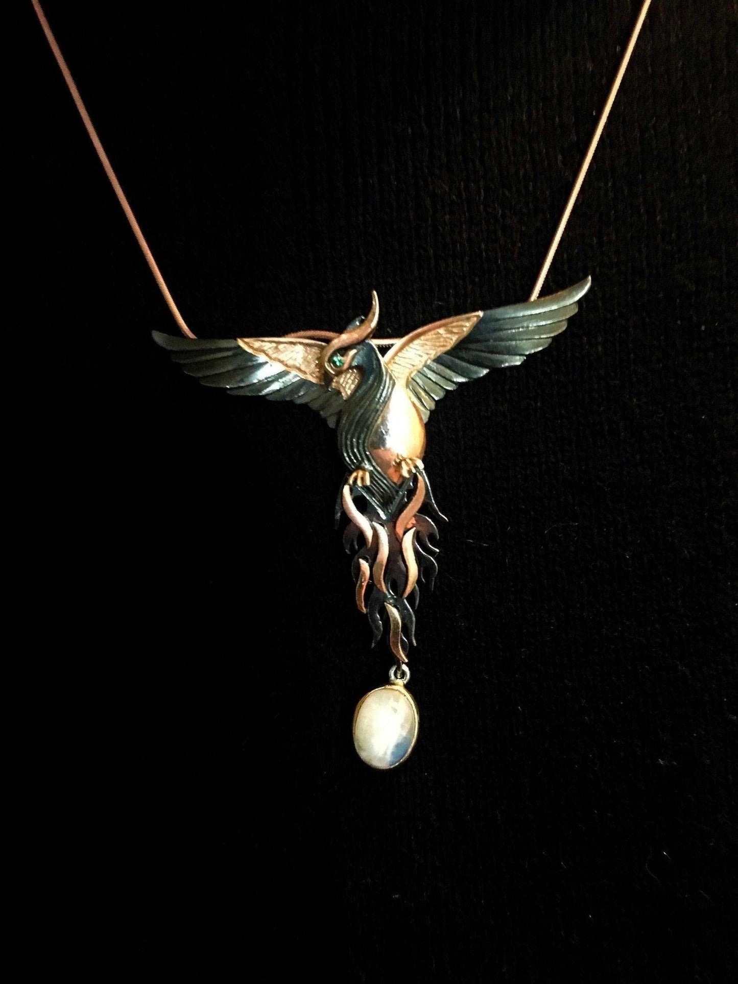 Moonstone Rose Gold Handmade Phoenix Necklace, Jewerly Firebird MoonstOur phoenix is ​​925 sterling silver and it is completely handcrafted. The eyes you see on it are decorated with emeralds.the stone under it is moonstone. It is specMoonstone Rose Gold