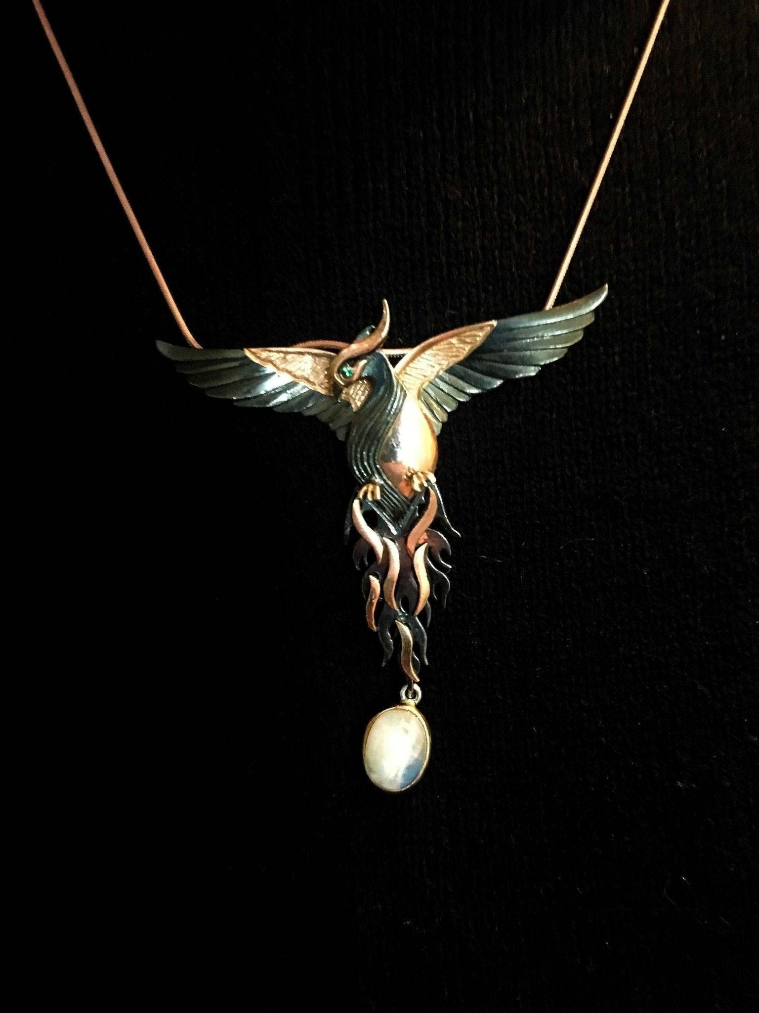 Moonstone Rose Gold Handmade Phoenix Necklace, Jewerly Firebird MoonstOur phoenix is ​​925 sterling silver and it is completely handcrafted. The eyes you see on it are decorated with emeralds.the stone under it is moonstone. It is specMoonstone Rose Gold