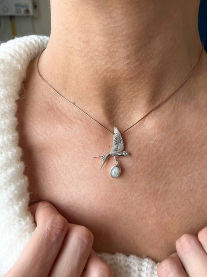 Moonstone Silver Sparrow Necklace, 925 Sterling Silver Handmade SparroMoonStone Our sparrow bird Necklace. Designs were designed by our design team. It is completely handcrafted by our craftsmen. These completely special design pendantMoonstone Silver Sparrow Necklace