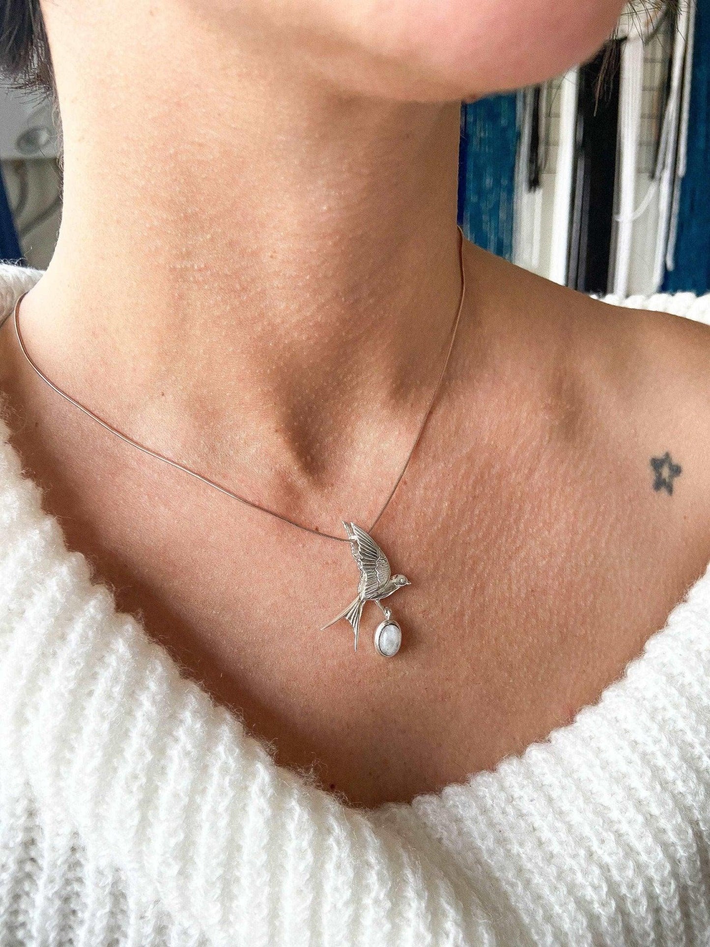 Moonstone Silver Sparrow Necklace, 925 Sterling Silver Handmade SparroMoonStone Our sparrow bird Necklace. Designs were designed by our design team. It is completely handcrafted by our craftsmen. These completely special design pendantMoonstone Silver Sparrow Necklace