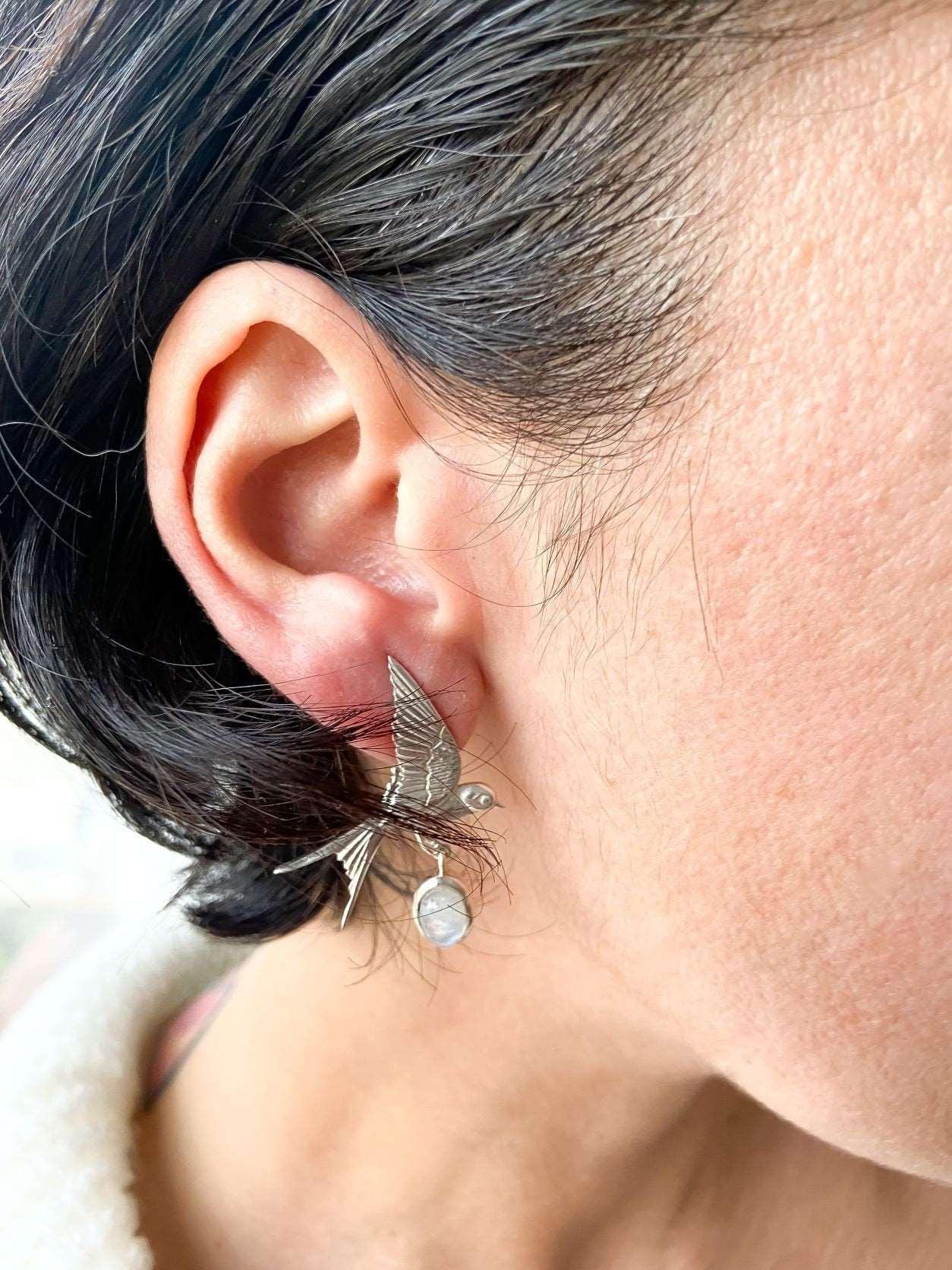 Moonstone Sparrow Stud Earrings, 925 Sterling Silver Sparrow Jewelry EMoonstone Our sparrow bird designs were designed by our design team. It is completely handcrafted by our craftsmen. They are movable wings whose wings can be used inMoonstone Sparrow Stud Earrings