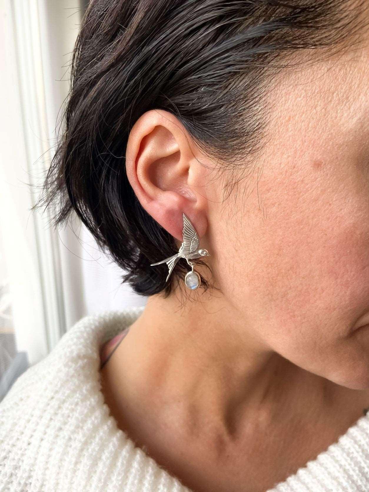 Moonstone Sparrow Stud Earrings, 925 Sterling Silver Sparrow Jewelry EMoonstone Our sparrow bird designs were designed by our design team. It is completely handcrafted by our craftsmen. They are movable wings whose wings can be used inMoonstone Sparrow Stud Earrings