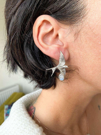 Moonstone Sparrow Stud Earrings, 925 Sterling Silver Sparrow Jewelry EMoonstone Our sparrow bird designs were designed by our design team. It is completely handcrafted by our craftsmen. They are movable wings whose wings can be used inMoonstone Sparrow Stud Earrings