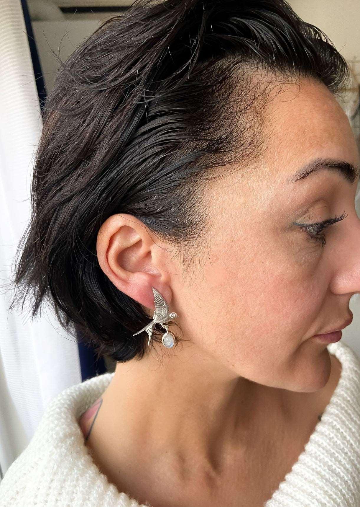 Moonstone Sparrow Stud Earrings, 925 Sterling Silver Sparrow Jewelry EMoonstone Our sparrow bird designs were designed by our design team. It is completely handcrafted by our craftsmen. They are movable wings whose wings can be used inMoonstone Sparrow Stud Earrings